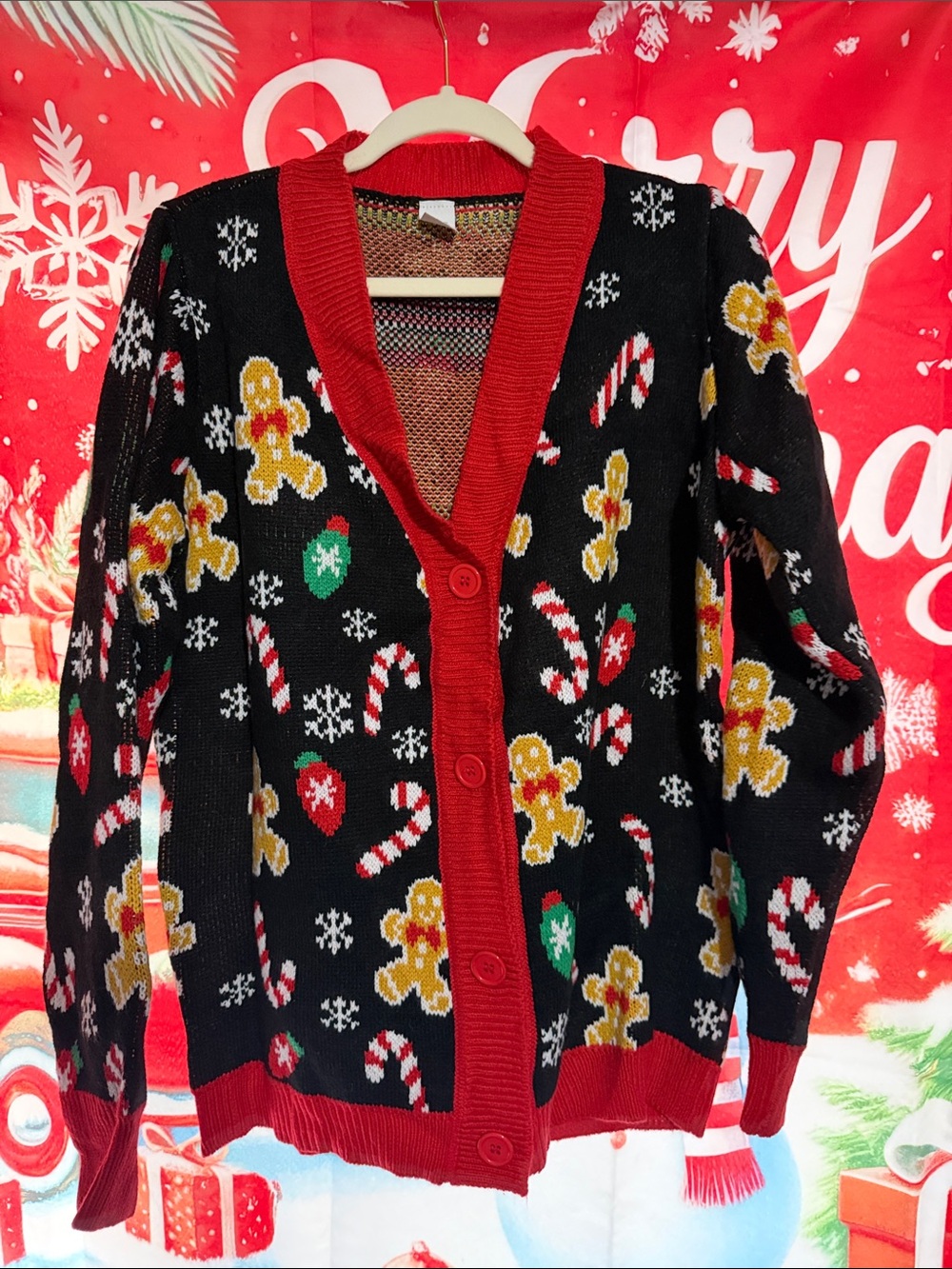 Black & Red Holiday Cardigan Sweater with Gingerbread and Candy Cane Motif